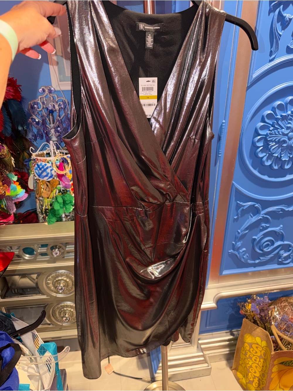 INC International Concepts Metallic Sheen Wrap-Front Dress - Charcoal Plum